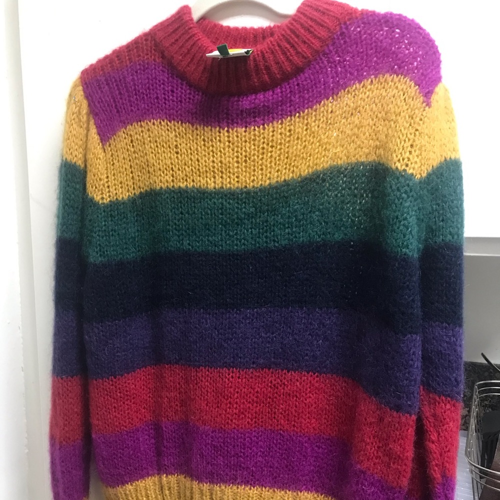 Rainbow striped Farm Rio sweater with puff sleeves